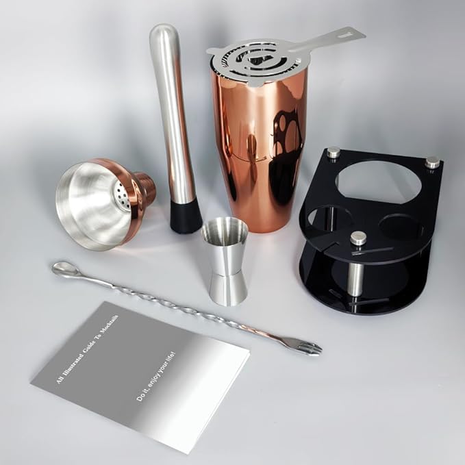 Cocktail Shaker Bartender Kit: 5 Piece Bar Tool Set, Cocktail Shaker Set with Stand, Drink Mixing Includes Martini Shaker,Strainer,Jigger,Bar Mixer Spoon,Muddler ﻿ (Rose Gold, 750ml(25oz))