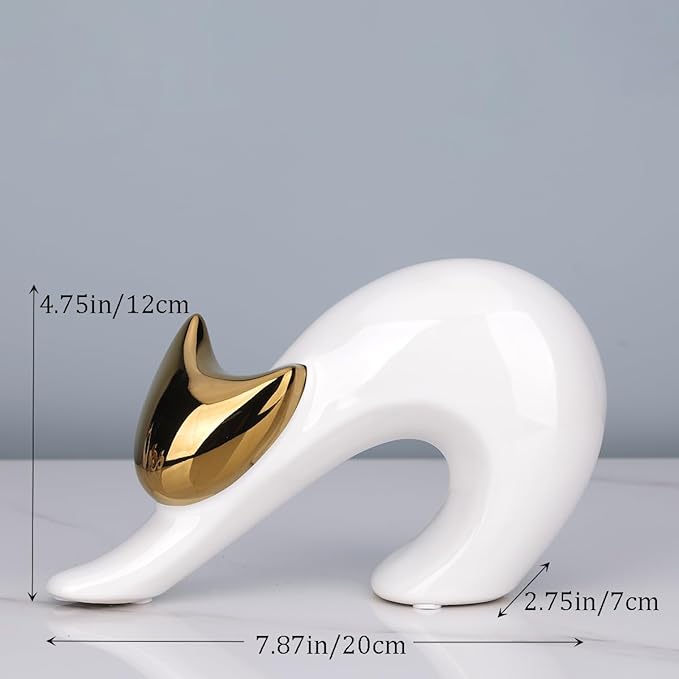 YUNSHID Abstract Elegant Yoga Cat Statue, White and Gold Decor, Minimalist Cat Figurine for Table Shelf Desk Entryway Mantle Decor, 4.75'in