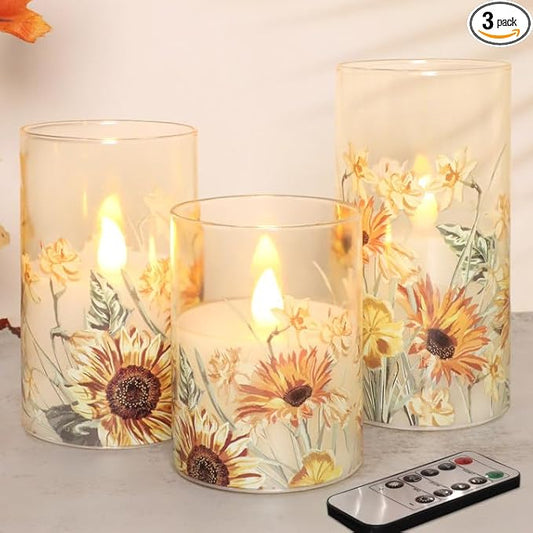 Sunflower Glass Flameless Candles with Remote Battery Operated Flickering LED Pillar Candle Summer Fall Autumn Christmas Decorations Gifts for Women Mom Mothers Day Birthday, Set of 3