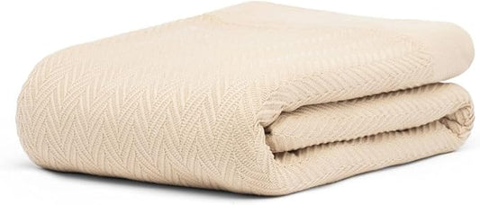 Queen Size Multipurpose Blanket, 100% Extra Long Staple Cotton, Soft & Breathable Herringbone Weave, Beige, Lightweight, Machine Washable, All-Season Throw Blanket for Bedroom & Travel