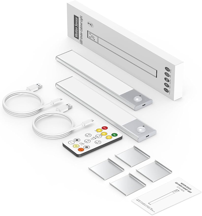 8" Ultra-Thin Under Cabinet Lighting Wireless, Aluminum Alloy Under Counter Lights for Kitchen, 3-Color-Temps Magnetic Closet Lights, Rechargeable Motion Sensor Light Indoor (2 Pack, Silver)