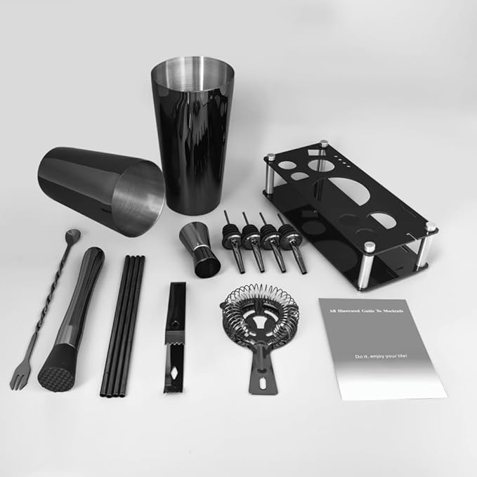 Professional Cocktail Shaker Set with Stand Cocktail Recipes, 15-Piece 750/600ml Bartender Kit, Bar Sets Bartending Kit Bar Tool Set 25/20oz Boston Shakers, Jigger, Muddler (Black)