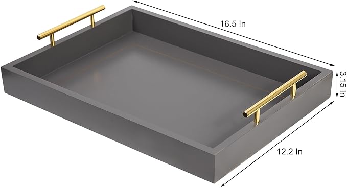 Decorative Coffee Table Ottoman Trays Modern Wood Elegant 16"x12" Rectangle Glossy Shagreen Serving Trays with Gold Metal Handles -Drinks, Liquor Serving Platter for All Occasion's (Grey)
