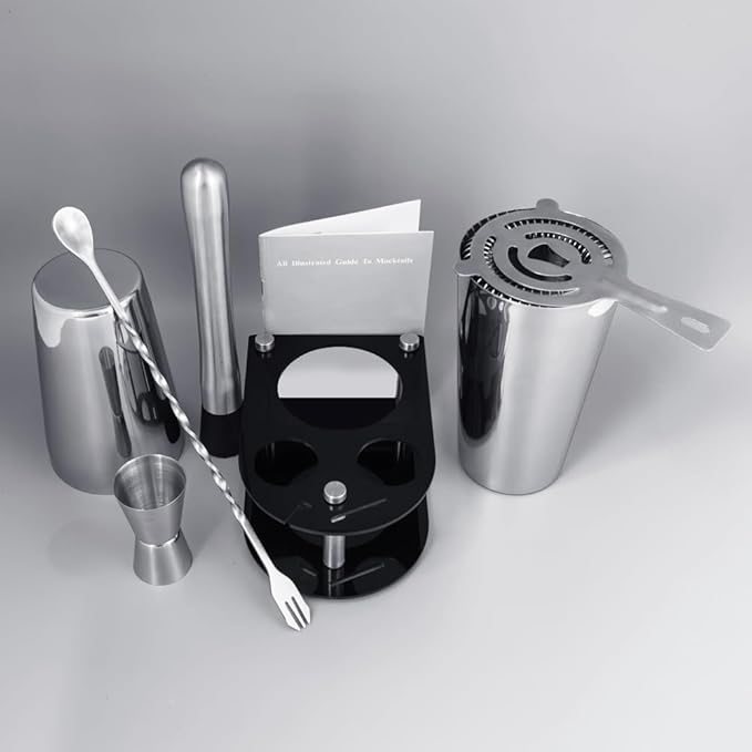 5 Piece Cocktail Shaker Bartender Kit: 750/600ml(25/20oz) Cocktail Shaker Set with Stand, Drink Mixing Includes Martini Shaker,Strainer,Jigger,Bar Mixer Spoon,Muddler Bar Tool Set (Silver)