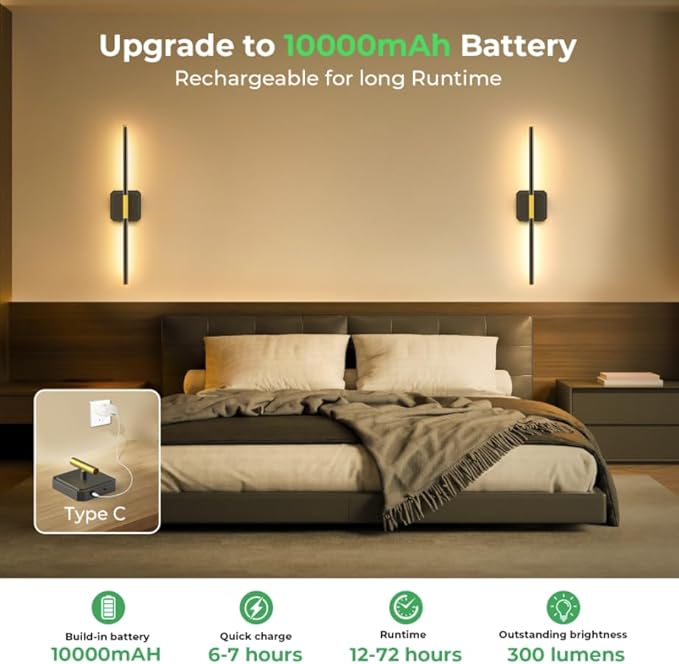 10000mAh Battery Operated Wall Sconce Detachable, Wireless Wall Lamp 3000-6500K Dimmable, Rechargeable Wall Light for Bedroom, Living Room, 28.3" Black Gold (4 Pack)