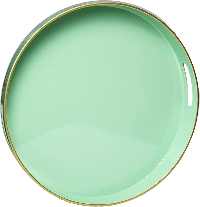 Spsyrine Round Green Plastic Decorative Tray, 13'' Modern Tray with Handles, Marble Pattern, for Breakfast, Coffee Table, Bathroom, Kitchen, Living Room