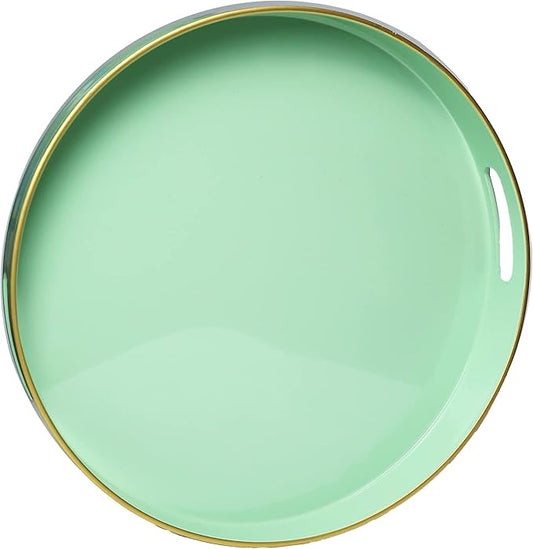 Spsyrine Round Green Plastic Decorative Tray, 13'' Modern Tray with Handles, Marble Pattern, for Breakfast, Coffee Table, Bathroom, Kitchen, Living Room