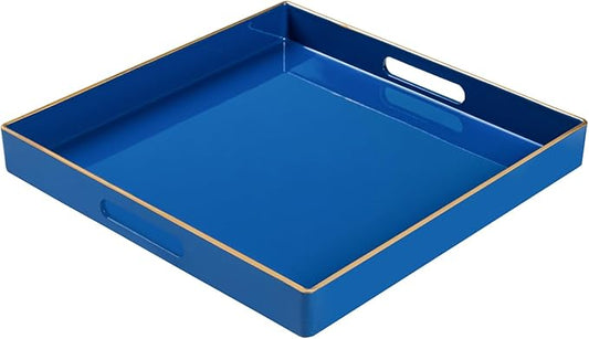 MAONAME Decorative Tray, Royal Blue Serving Tray with Handles, Coffee Table Trays, Square Plastic Trays for Ottoman, Bathroom, Kitchen, 13"x13"x1.57"