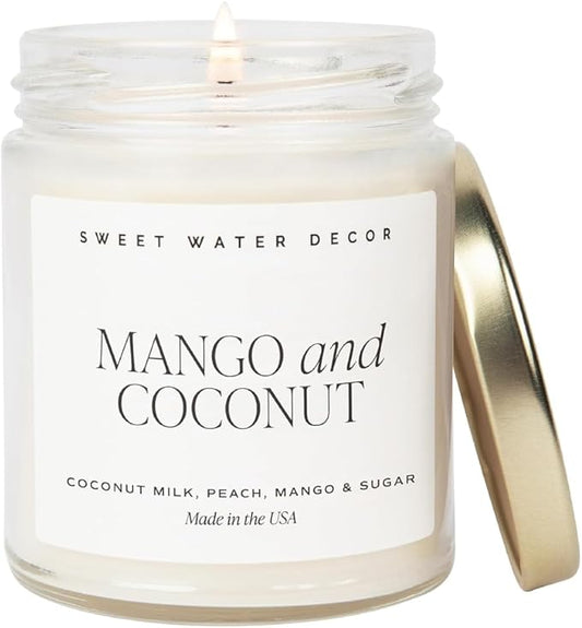 Sweet Water Decor Mango & Coconut Soy Candle - Pineapple, Mango and Orange Scented Summer Candles for Home - 9oz Clear Jar + Gold Lid, 40+ Hour Burn Time, Made in The USA
