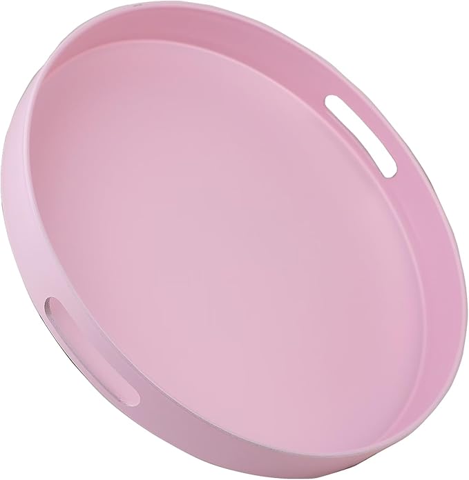 Round Pink Decorative Serving Tray with Handles, 13” Versatile Ottoman Tray for Coffee Table, Entertaining, Outdoor Patio, Living Room