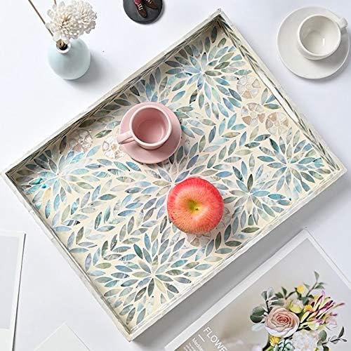 i-lan Creative Rectangular Mother of Pearl Severing Tray Lacquer Wooden Decorative Tray Handmade Shell Serving Tray with Handles and 2 Inch Side, Large Beige Blue Inlay Nacre Ottoman Tray (15.75")
