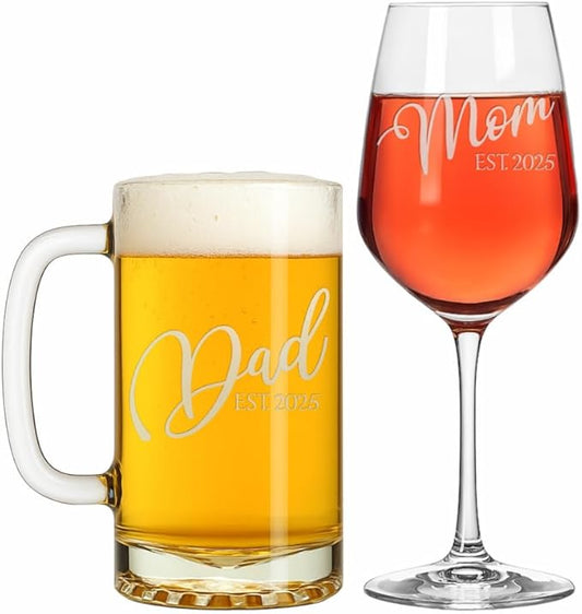 Blue Ridge Mountain Gifts - Set of Glasses for Mom and Dad - Choose from 9 Different Types of Glassware - Baby Shower, Gender Reveal Party, Pregnancy Announcment - Personalized and Laser Engraved
