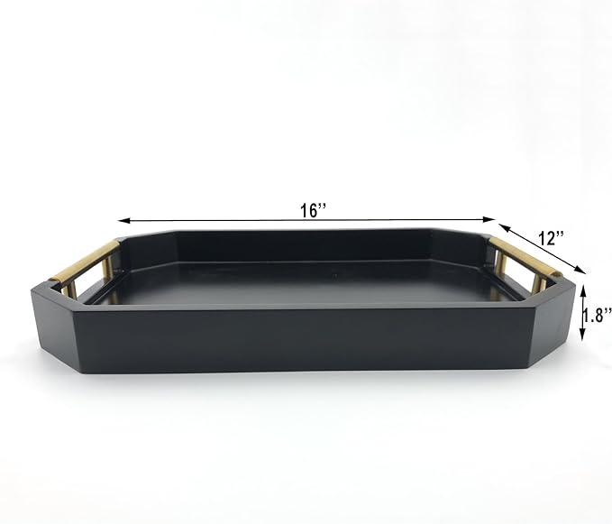 Serving Tray with Polished Metal Handles, Hexagon Coffee Table Tray, Modern Rectangle Decorative Tray, Large Ottoman Tray, Perfect for Storage and Display (Black Rectangle)