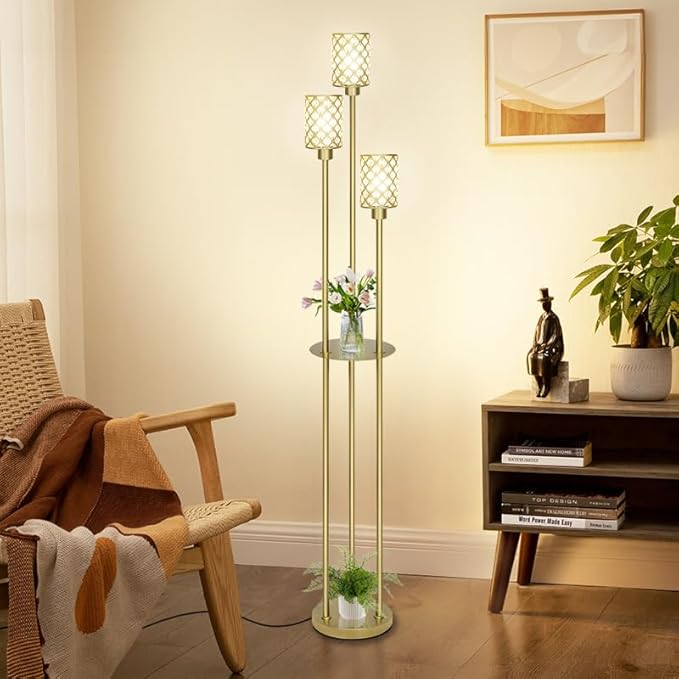 Gold Floor Lamps for Living Room, Standing Floor Lamp with Shelves, Tall Lamp with Table, Modern Mid Century Floor Lamp with E26 Base, Coner Crystal Floor Light for Bedroom (Without Bulb)