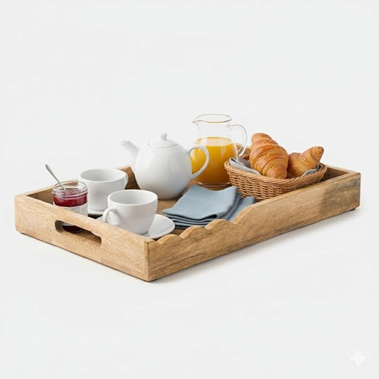 Mela Artisans Wooden Serving Tray with Handles | 15x10x1.75 inch | Mango Wood Decorative Tray| Ottoman Tray | Snacks | Desserts | Breads | Coffee Table | Bedroom | Scalloped Design