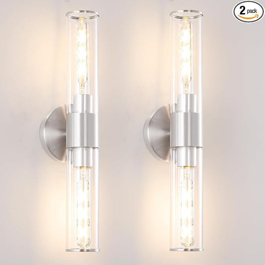 Brushed Nickel Bathroom Sconces Set of 2, Modern Wall Sconce Lighting with Clear Glass, Harded Wired Wall Sconces Set of Two, Wall Light Fixtures Over Mirror, Sconces Wall Lighting for Laundry, Porch