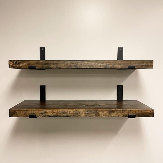 Rustic Shelves with J-Brackets Set of 2, Industrial Shelf, Kitchen Shelves, Solid Wood, Decorative Wall Storage, Heavy Duty, URBANDI (Dark Brown, 48Wx10D)