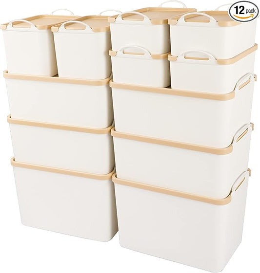 ANMINY 12PCS Plastic Storage Bins Containers with Lids, Large White Storage Organization Bins Boxes, Lidded Plastic Storage Baskets for Closet Shelves Drawers Desktop Home Office