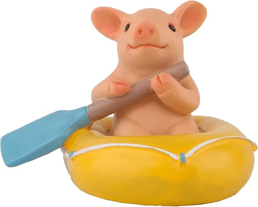 Mini Pig Figurine, Resin Home Decor, Lucky Animal Garden Statue for Micro Landscape (Pig Goes Kayaking)