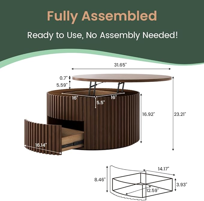 POVISON Round Coffee Table with Storage, Lift Top Coffee Table for Living Room, 31.65" Fluted Mid Century Modern Center Table for Home, Office, Walnut, Fully Assembled