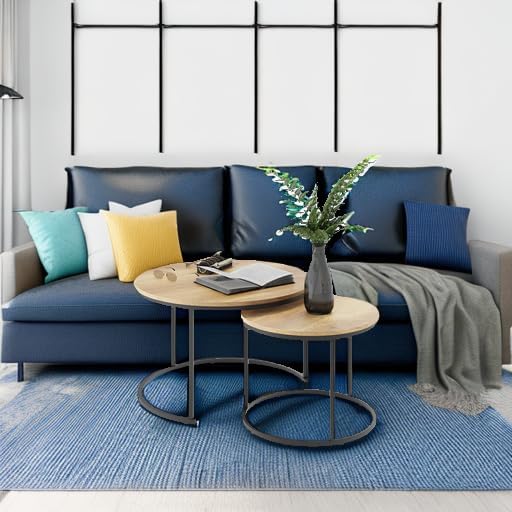 Smuxee Nesting Coffee Table Set of 2, 27.6" Round Coffee Table Wood Grain Top with Adjustable Non-Slip Feet, Industrial End Table Side Tables for Living Room Bedroom Balcony Yard