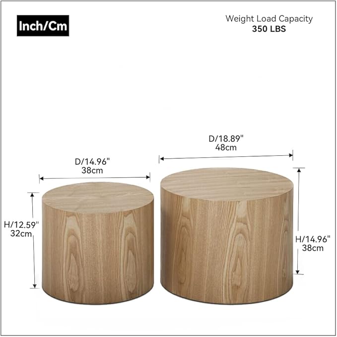 Round Coffee Table Set of 2, Nesting Coffee Table and End Table Set Wood Small Circle Drum Side Table for Living Room Office, No Assembly,Wooden