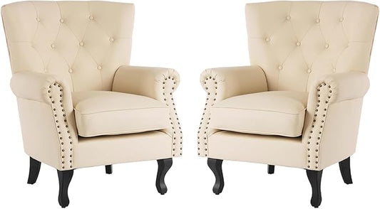 MOJAY PU Leather Accent Chair Set of 2, Modern Armchair Living Room Chair, Upholstered Club Chair with Rivet Trim, Mid-Century Sofa Chair with Sturdy Wood Legs for Bedroom (Ivory White)