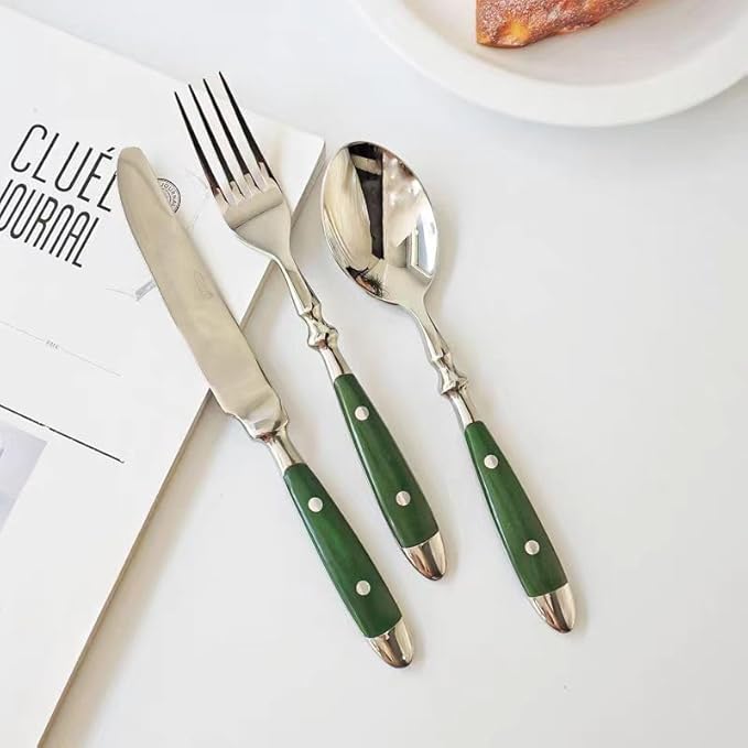 20-Piece Silverware Set, Stainless Steel Flatware Set, Service for 4, Vintage Cutlery Set with Green Bakelite Handle, Mirror Polished | Rustic | Dishwasher Safe