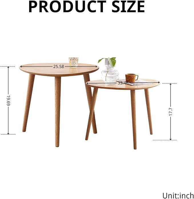 100% Solid Oak Wood Nesting Coffee Table, Small Oval Coffee Tables Set, Mid Century Modern Round Tables for Living Room, Pebble Side Table for Balcony (Nature, Combine)