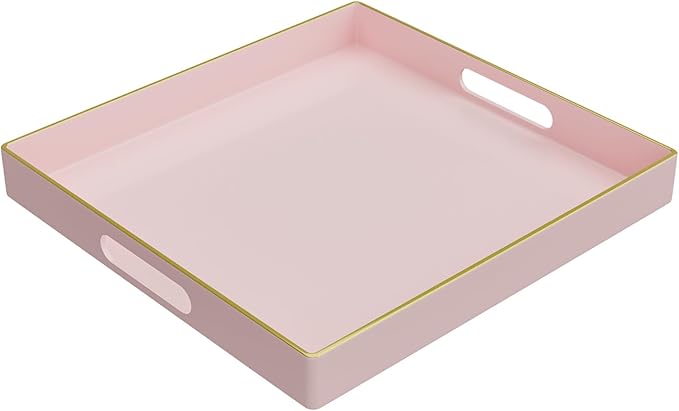 MAONAME Decorative Tray, Pink Serving Tray with Handles, Coffee Table Trays, Square Plastic Trays for Ottoman, Bathroom, Kitchen, 13"x13"x1.57"