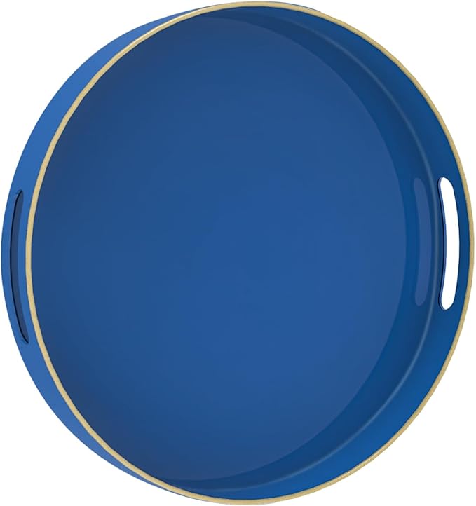 MAONAME 13" Blue Round Tray, Navy Serving Tray with Handles, Modern Decorative Tray for Coffee Table, Plastic Tray for Ottoman, Bathroom, Decor