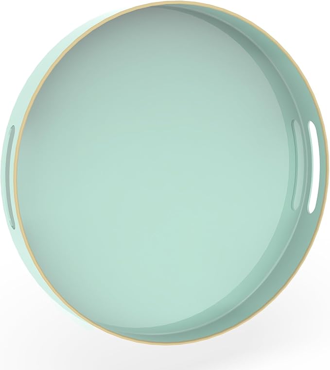 MAONAME Mint Green Decorative Tray for Coffee Table, Modern Round Serving Trays with Handles, 13" Plastic Tea Trays for Ottoman, Bathroom Decor
