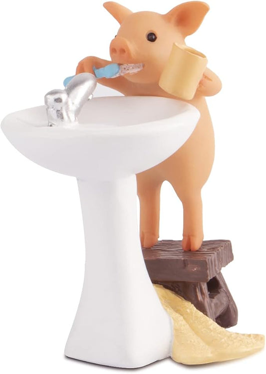 Mini Pig Figurine, Resin Home Decor, Lucky Animal Garden Statue for Micro Landscape (Pig Brushing Teeth)