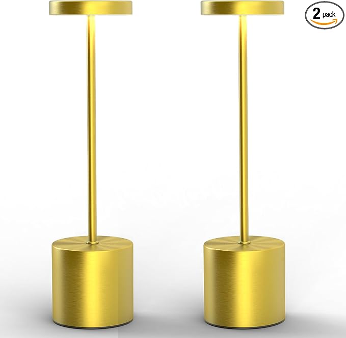 Cordless Table Lamp – 2 Pack Rechargeable Table Lamps, 5000mAh Battery Operated Lamp with 3-Color Dimmable Light, Outdoor Table Lamp for Bedroom, Restaurant, Patio, Home Décor (Gold)