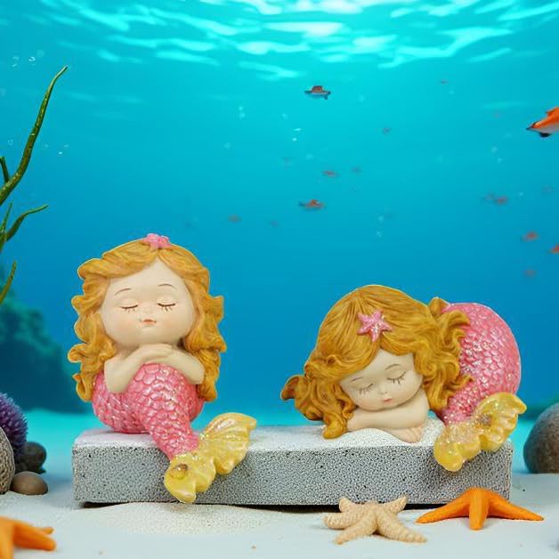 Mini Mermaid Figurine Set (2-Pack) - 4-Inch Sleeping Baby Mermaid Statue, Cute Tailed Mermaid Princess Decor for Fish Tank, Shelf & Home Décor