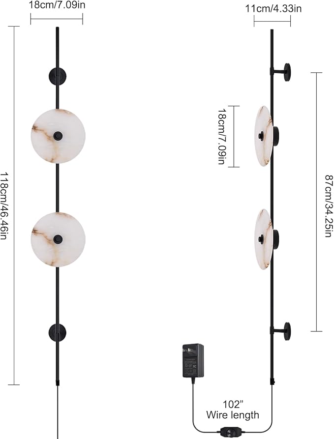 Alabaster Wall Sconce,8W Round Natural Marble Plug in Wall Sconce Lamp Cord with Knob Dimmer Switch, Indoor LED Modern Wall Lamp for Bedroom, Stairs, Living Room, Bedside, Hallway (Black)