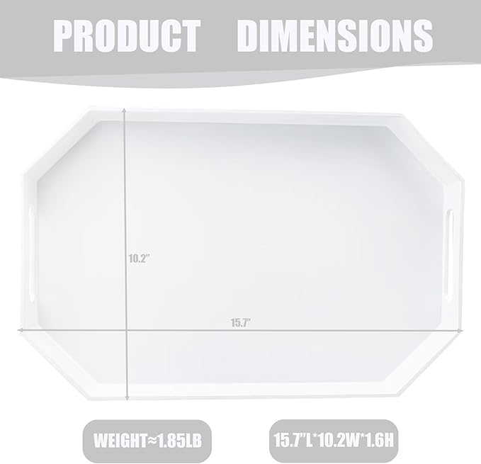 White Octagonal Serving Tray with Handles for Coffee Table, Plastic Decorative Tray for Ottoman, Kitchen Counter, Living Room, Outdoor Lacquer Tray for Entertaining