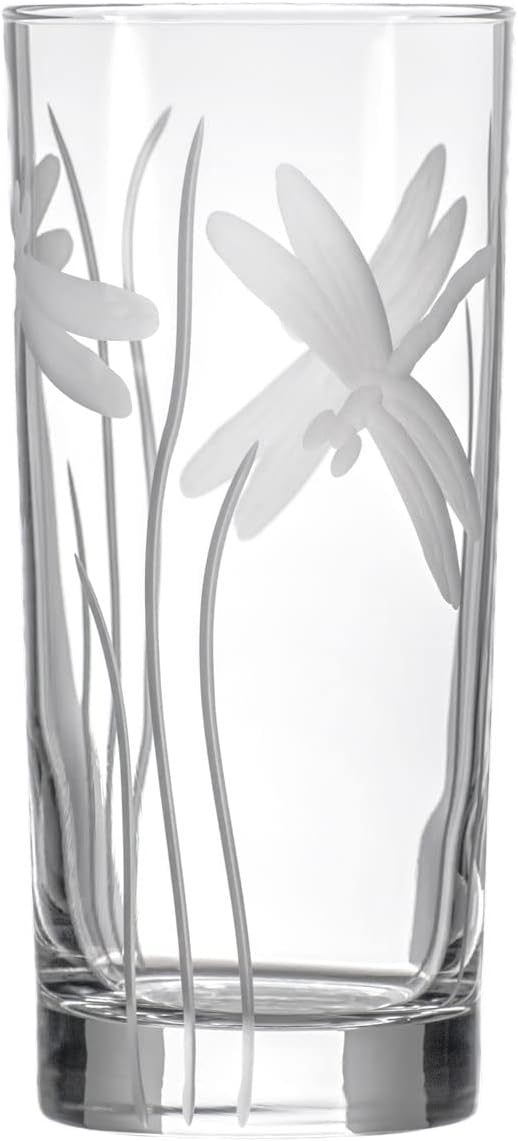 Rolf Glass Dragonfly Highball Glass 15 ounce - Set of 4 Cooler Glasses – Lead-Free Glass - Etched Drinking Glass with Heavy Base - Made in the USA