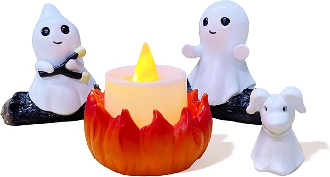 2025 Ghost Campfire Nightlight, Cute Halloween Ghost Figurine, Spooky Ghost Halloween Decorations, Adorable Halloween Decor Indoor for Home Mantel Tabletop Party (with Dog)