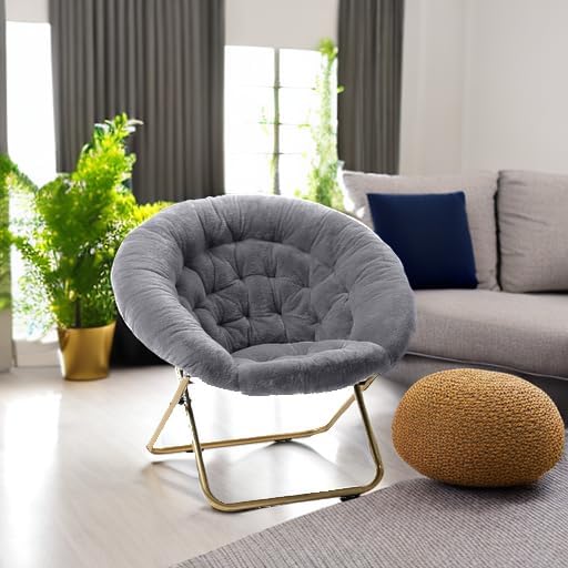 Milliard Saucer Chair For Adults, Teens & Kids, Grey, Faux Fur XL Circle Chair for Bedroom, Dorm & Gaming, Foldable Comfy Accent Seat for Small Spaces, Folding Moon / Mushroom / Round Oversized Style