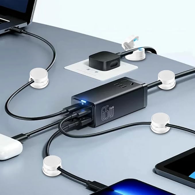 9 Pack Rotatable Magnetic Cord Organizer, Phone Cable Management, Desk Charger Cords Holder, No-Residue Adhesive Cables Clips for Kitchen, Office, Car, Nightstand（White）