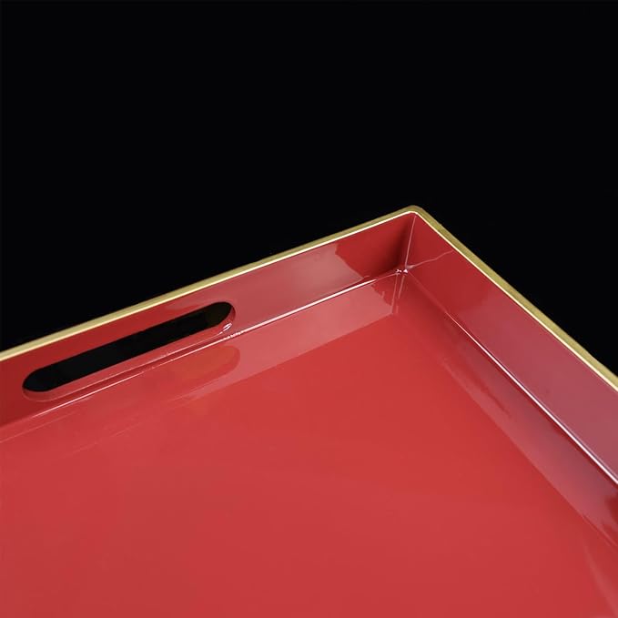 Red Decorative Coffee Table Tray, Rectangular Plastic Serving Tray with Handles for Living Room, Ottoman, Bathroom, 15.7"*10.2"