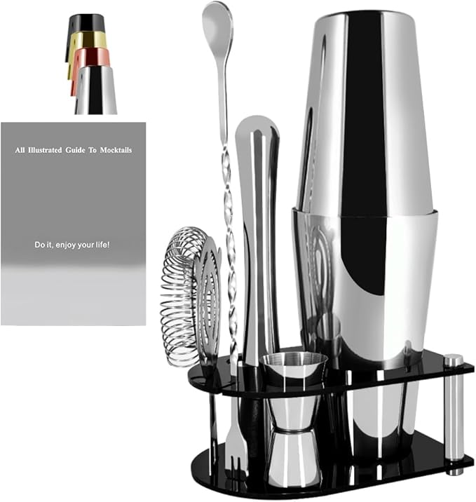 5 Piece Cocktail Shaker Bartender Kit: 750/600ml(25/20oz) Cocktail Shaker Set with Stand, Drink Mixing Includes Martini Shaker,Strainer,Jigger,Bar Mixer Spoon,Muddler Bar Tool Set (Silver)