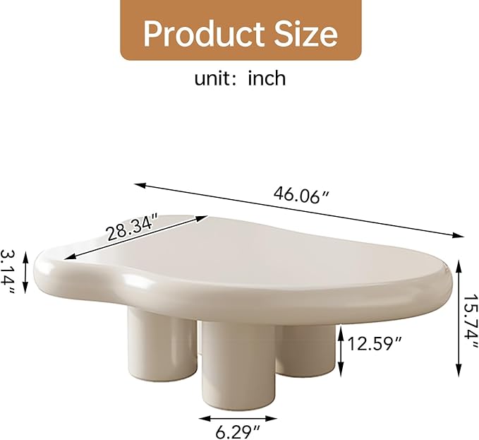 Cloud Coffee Table with 4 Legs for Living Room,Center Table,Low Table,Cream End Table,Round Corner Sofa Table (White, 46“)