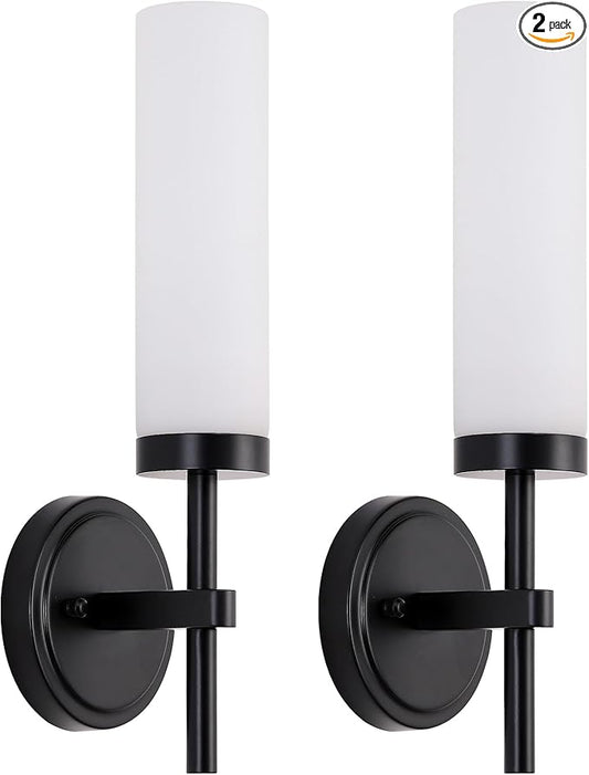 Black Bathroom Wall Sconces Set of 2, Modern Sconces Wall Lighting Vanity Lights with Opal White Glass Shade, Farmhouse Wall Mount Lamp for Mirror Living Room Bedroom Hallway Kitchen Stairs