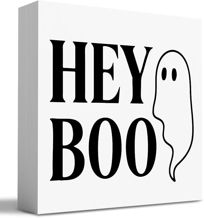 HTBIG Cute Ghost Halloween Hey Boo Wooden Box Sign Office Decor Room Decor, Suitable family room Computer Desk Dressing Table 5 x 5 Inch