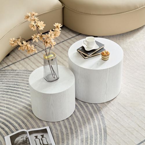 Round Coffee Table Set of 2, Nesting Coffee Table and End Table Set Wood Small Circle Drum Side Table for Living Room Office, No Assembly