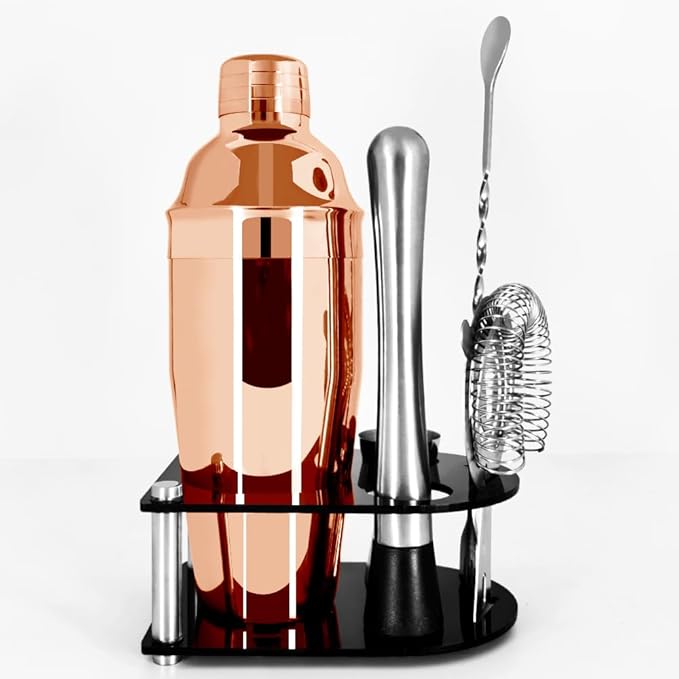 Cocktail Shaker Bartender Kit: 5 Piece Bar Tool Set, Cocktail Shaker Set with Stand, Drink Mixing Includes Martini Shaker,Strainer,Jigger,Bar Mixer Spoon,Muddler ﻿ (Rose Gold, 750ml(25oz))