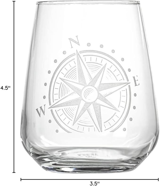 Rolf Glass Compass Star Stemless Wine Glass | 15.75 Ounce Stemless Tumblers | Set of 4 | Nautical Themed Glassware | Stylish Drinkware for Wine Lovers