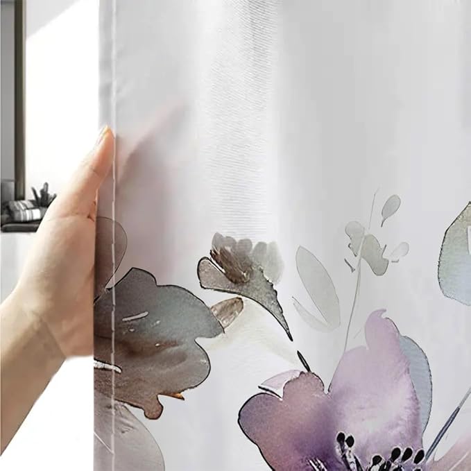 Sanzugh Purple Floral Shower Curtain, Cute Boho Watercolor Flower Wildflower Leaves Butterfly White Fabric Shower Curtains Set for Bathroom Decorative with Hooks 72 X 72 inch Spring Bath Decor